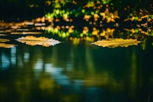 AI generated autumn leaves floating on the water photo