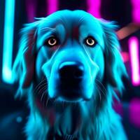 AI generated a golden retriever is smiling in front of lights photo