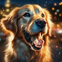 AI generated a golden retriever is smiling in front of lights photo