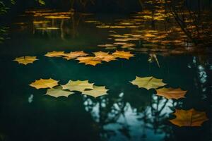 ai generado otoño hojas flotante en el agua en un estanque foto