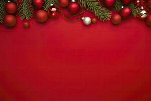 AI generated Christmas or New Year red background with fir decor. AI Generated photo