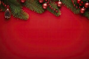 AI generated Christmas or New Year red background with fir decor. AI Generated photo