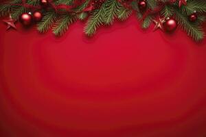 AI generated Christmas or New Year red background with fir decor. AI Generated photo