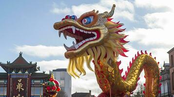 AI generated Chinese Dragon under a bright sky. AI Generated photo