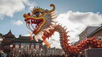 AI generated Chinese Dragon under a bright sky. AI Generated photo