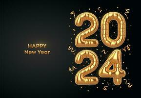 Happy New Year 2024. Golden foil balloon numbers on black background. High detailed 3D realistic gold foil helium balloons. Merry Christmas and Happy New Year 2024 greeting card. Vector illustration. photo