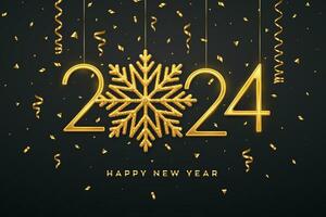 Happy New Year 2024. Hanging Golden metallic numbers 2024 with shining snowflake and confetti on black background. New Year greeting card or banner template. Holiday decoration. Vector illustration.