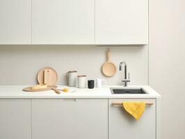 AI Generated A kitchen with white cabinets and a yellow towel, AI photo