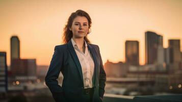 ai generado un mujer en pie en frente de un ciudad horizonte, ai foto