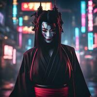 ai generado un geisha ninja con un negro máscara y túnica foto