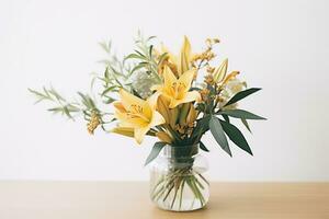 AI Generated A vase filled with yellow flowers on top of a wooden table, AI photo