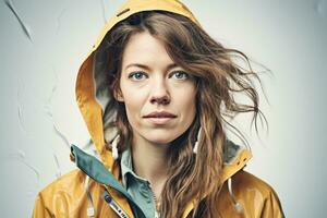 ai generado un mujer en un amarillo lluvia chaqueta con un capucha en, ai foto