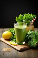 AI Generated A wooden cutting board topped with a glass of green smoothie, AI photo