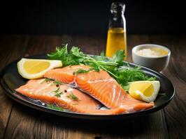 ai generado un plato de salmón con limón rebanadas y perejil, ai foto