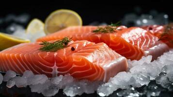 AI Generated Two pieces of salmon sitting on top of a pile of ice, AI photo