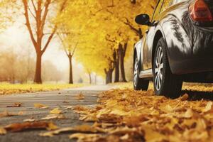 ai generado coche en asfalto la carretera en un otoño día a el parque. ai generado foto