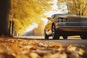 ai generado coche en asfalto la carretera en un otoño día a el parque. ai generado foto