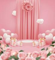 product display podium with gift balloons, flowers bouquet, gift boxes and curtains on pink background for valentines day, birthday and anniversary. 3d rendering illustration photo