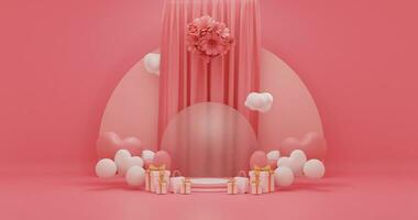 product display podium with gift balloons, flowers bouquet, gift boxes and curtains on pink background for valentines day, birthday and anniversary. 3d rendering illustration photo