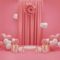 product display podium with gift balloons, flowers bouquet, gift boxes and curtains on pink background for valentines day, birthday and anniversary. 3d rendering illustration photo