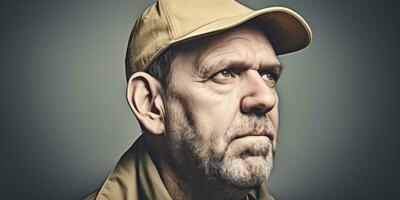 AI Generated A man with a cap on looking off to the side, AI photo