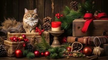 ai generado un gato sentado en parte superior de un mesa siguiente a Navidad decoraciones, ai foto