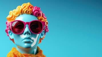 AI Generated A blue mannequin wearing pink sunglasses and a yellow scarf, AI photo