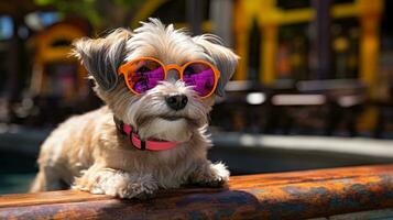 AI Generated A small dog wearing sunglasses on top of a wooden fence, AI photo