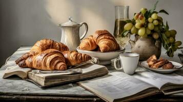 AI Generated A table with a bunch of croissants and a cup of coffee, AI photo