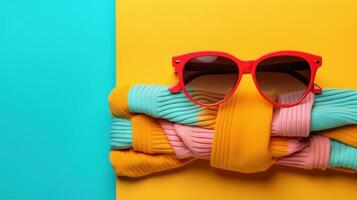 AI Generated A pair of sunglasses and a scarf on a yellow and blue background, AI photo