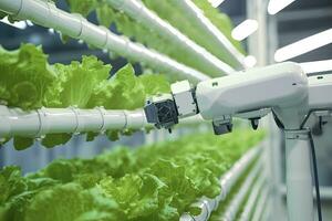 AI generated Automatic Agricultural Technology With Close-up View Of Robotic Arm Harvesting Lettuce In Vertical Hydroponic Plant. AI Generated photo