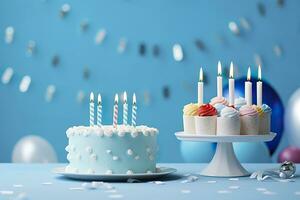 AI generated Birthday cake with candles and sweets on white table near blue wall. Generative AI photo