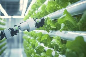 AI generated Automatic Agricultural Technology With Close-up View Of Robotic Arm Harvesting Lettuce In Vertical Hydroponic Plant. AI Generated photo