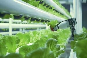 AI generated Automatic Agricultural Technology With Close-up View Of Robotic Arm Harvesting Lettuce In Vertical Hydroponic Plant. AI Generated photo