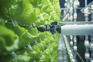 AI generated Automatic Agricultural Technology With Close-up View Of Robotic Arm Harvesting Lettuce In Vertical Hydroponic Plant. AI Generated photo