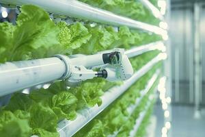 AI generated Automatic Agricultural Technology With Close-up View Of Robotic Arm Harvesting Lettuce In Vertical Hydroponic Plant. AI Generated photo