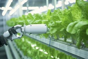 AI generated Automatic Agricultural Technology With Close-up View Of Robotic Arm Harvesting Lettuce In Vertical Hydroponic Plant. AI Generated photo