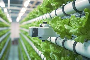 AI generated Automatic Agricultural Technology With Close-up View Of Robotic Arm Harvesting Lettuce In Vertical Hydroponic Plant. AI Generated photo