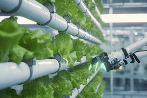 AI generated Automatic Agricultural Technology With Close-up View Of Robotic Arm Harvesting Lettuce In Vertical Hydroponic Plant. AI Generated photo