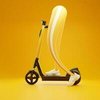 3d render, man legs foot cartoon with shoe standing or driving electric kick scooter e-scooter, human body part on yellow background photo