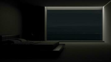 AI Generated A dark room with a bed and a window, AI photo