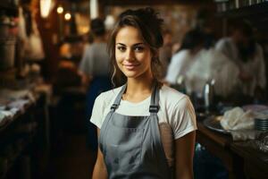 AI Generated A woman in an apron standing in a kitchen, AI photo