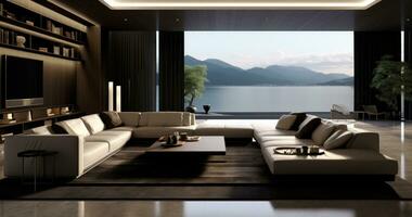 AI Generated A modern living room with a large window overlooking a lake, AI photo