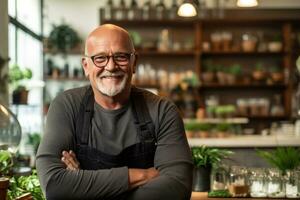 AI Generated A man with glasses and an apron standing in front of a counter, AI photo