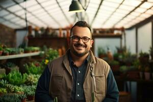 AI Generated A man standing in front of a bunch of plants, AI photo