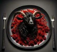 AI generated Black goat on a plate with red blood and a fork and knife photo