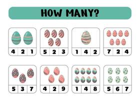 How many easter eggs.Educational mathematical game. Count the number of easter eggs. Counting game for children. Vector illustration