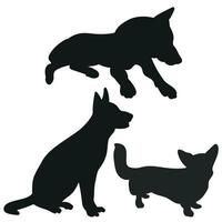 Sketch image of black silhouette dogs, outline of pets. Go, standing, sitting, lying, lie, running, jumping, training, walking, guarding, posing, play, showing vector