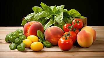 AI Generated A bunch of tomatoes, peaches, and basil on a table, AI photo