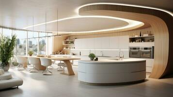 AI Generated A modern kitchen with a large center island, AI photo